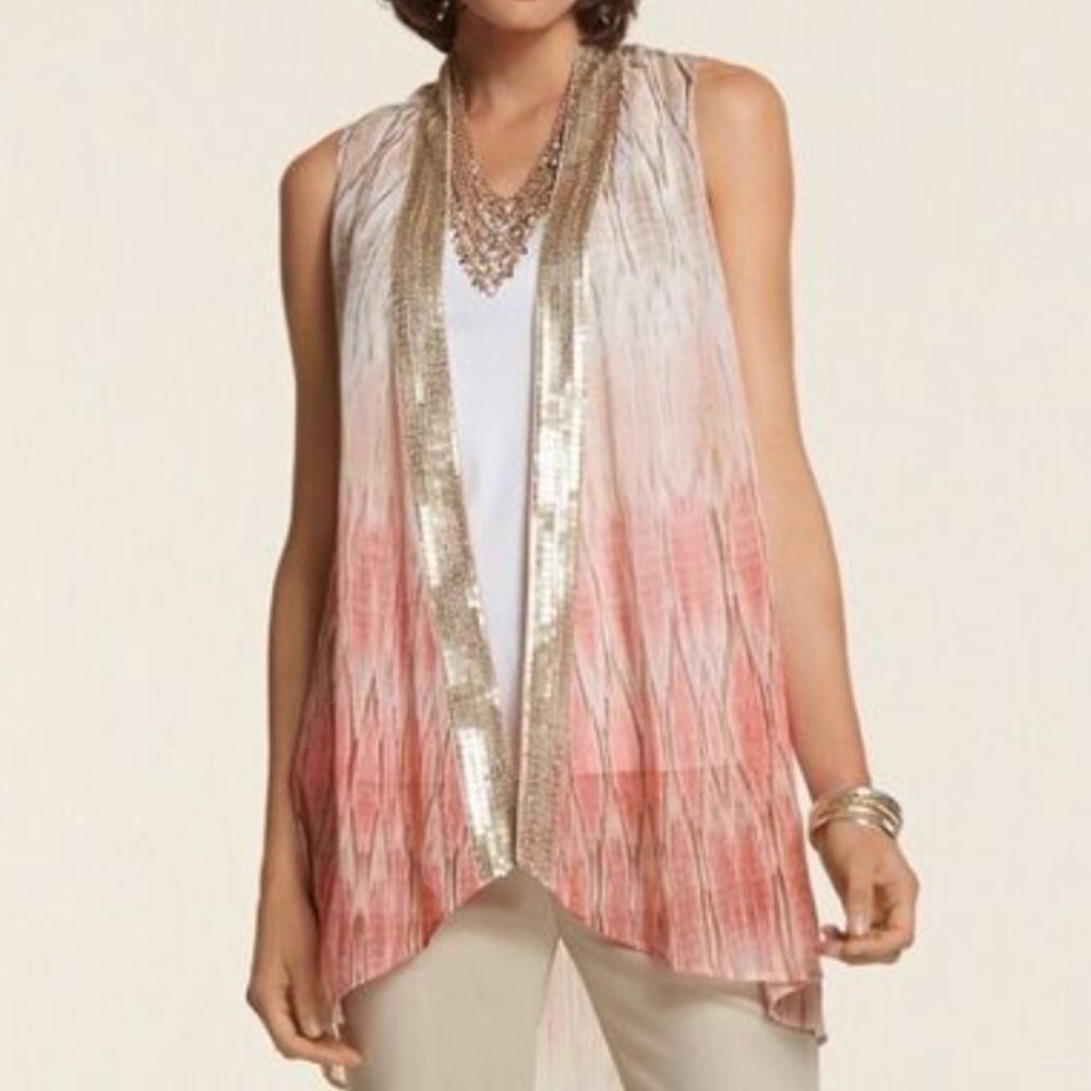 Chico's Open Front Sheer Python Ombre dip Sequin Tunic Vest Coverup Size 0 Small